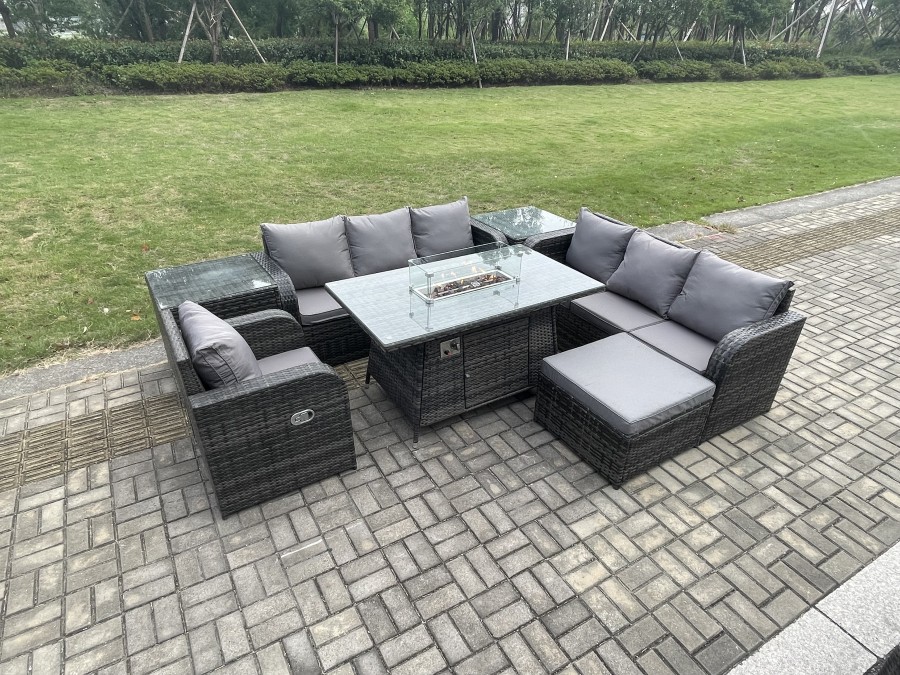 Click to view product details and reviews for Fimous Rattan Outdoor Furniture Gas Fire Pit Rectangle Dining Table Gas Heater Reclining Chair 3 Seater Sofa Sets With Big Footstool 2 Side Tables 8 S.