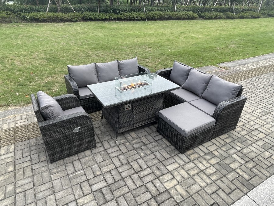 Click to view product details and reviews for Fimous Rattan Outdoor Furniture Gas Fire Pit Rectangle Dining Table Gas Heater Reclining Chair 3 Seater Sofa Sets With Big Footstool 8 Seater.
