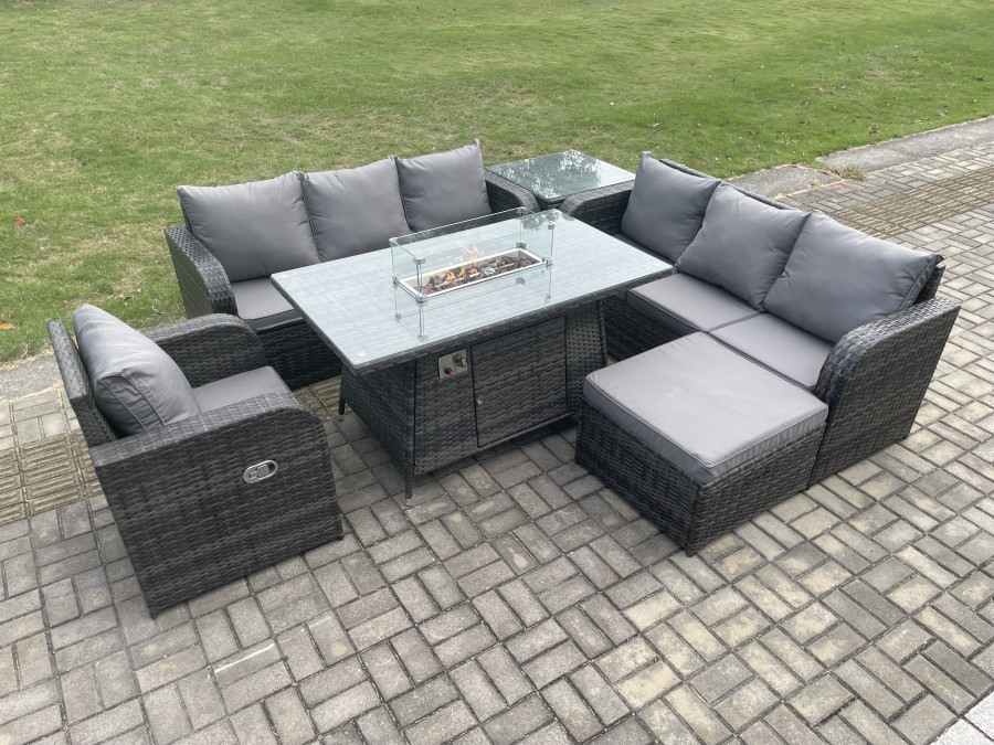 Click to view product details and reviews for Fimous Rattan Outdoor Furniture Gas Fire Pit Rectangle Dining Table Gas Heater Reclining Chair 3 Seater Sofa Sets With Big Footstool Side Table 8 Seat.