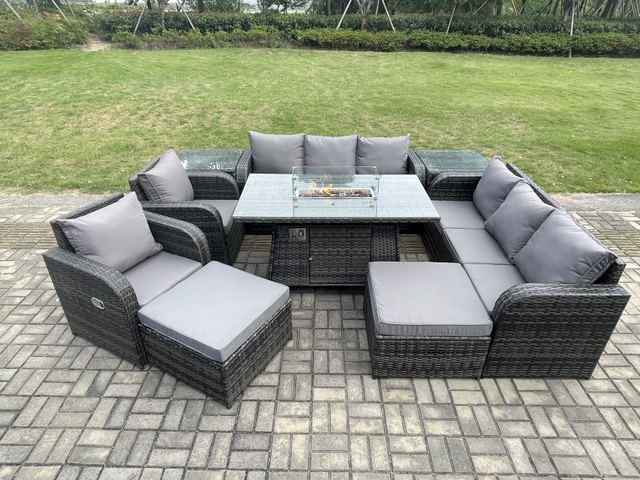 Click to view product details and reviews for Fimous Rattan Outdoor Furniture Gas Fire Pit Rectangle Dining Table Gas Heater Reclining Chair 3 Seater Sofa Sets With Side Table 10 Seater.