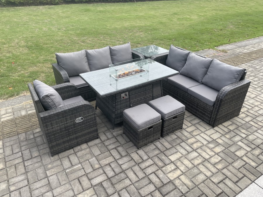 Click to view product details and reviews for Fimous Rattan Outdoor Furniture Gas Fire Pit Rectangle Dining Table Gas Heater Reclining Chair 3 Seater Sofa Sets With Side Table 2 Small Footstools 9.