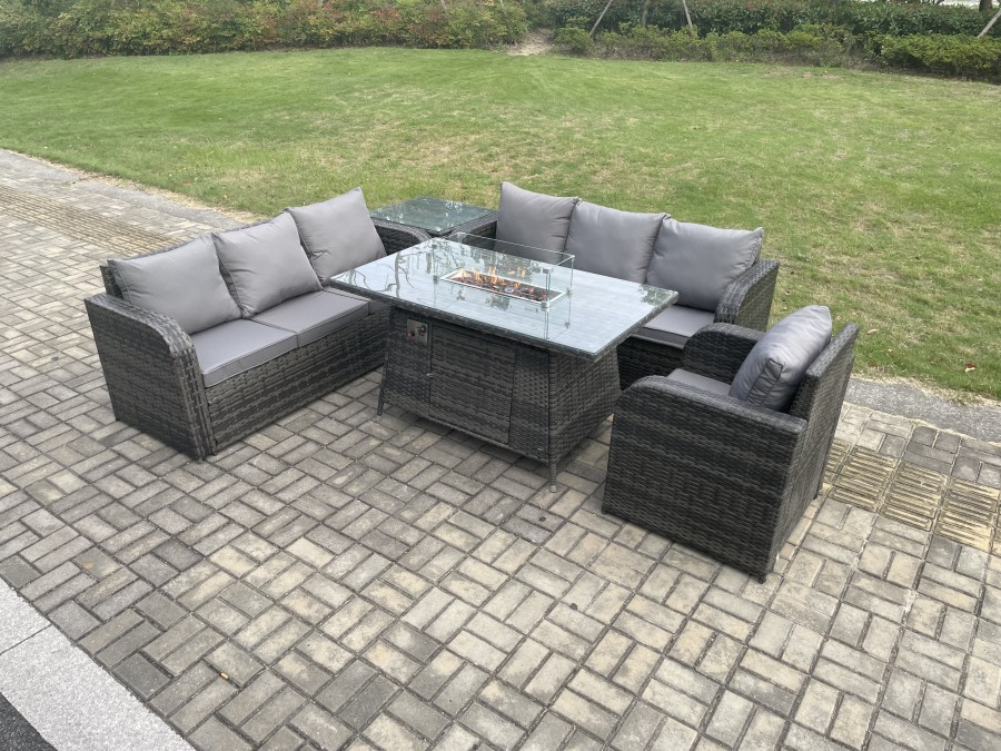 Click to view product details and reviews for Fimous Rattan Outdoor Furniture Gas Fire Pit Rectangle Dining Table Gas Heater Reclining Chair 3 Seater Sofa Sets With Side Table 7 Seater.