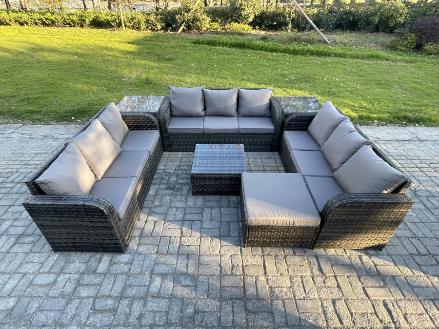 Click to view product details and reviews for Fimous Rattan Outdoor Furniture Set Patio Garden Sofa Set With Square Coffee Table Big Footstool 2 Side Tables Dark Grey Mixed.