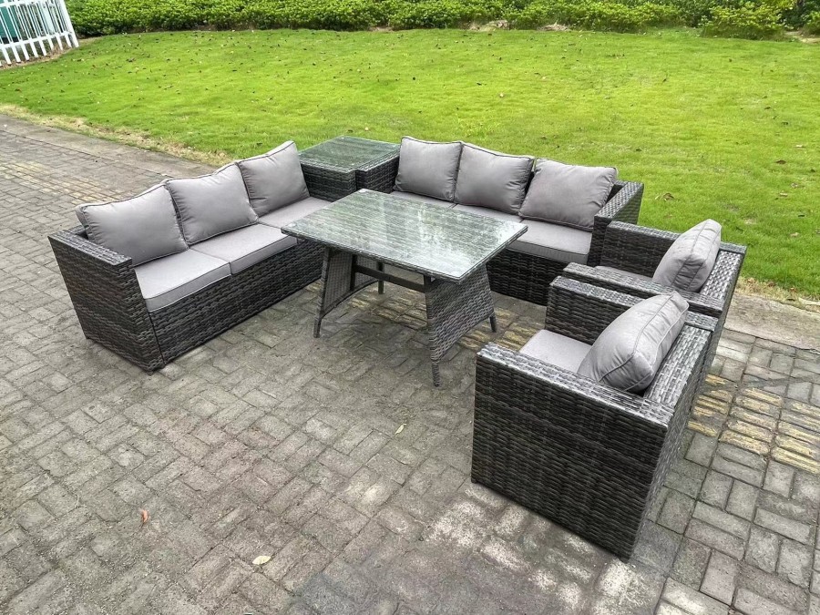 Click to view product details and reviews for Fimous Rattan Outdoor Furniture Sofa Garden Dining Set With Patio Dining Table 2 Armchairs Side Table 8 Seater Dark Grey Mixed.