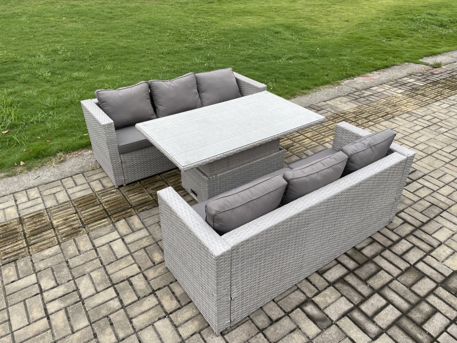 Click to view product details and reviews for Fimous Rattan Outdoor Garden Funiture Set Height Adjustable Rising Lifting Table Sofa Dining Set With Light Grey.