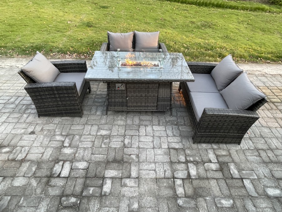 Click to view product details and reviews for Fimous Rattan Outdoor Garden Furniture Gas Fire Pit Table Sets Gas Heater With Double Seat Sofa Armchair 5 Seater Dark Mixed Grey.