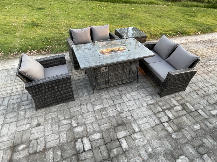 Click to view product details and reviews for Fimous Rattan Outdoor Garden Furniture Gas Fire Pit Table Sets Gas Heater With Love Sofa Armchair Side Table 5 Seater Dark Mixed Grey.