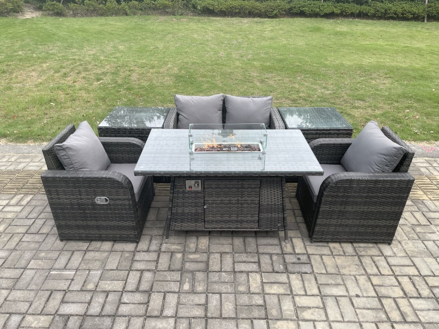 Click to view product details and reviews for Fimous Rattan Outdoor Garden Furniture Set Gas Fire Pit Dining Table With 2 Side Tables Chair Love Seat Sofa.