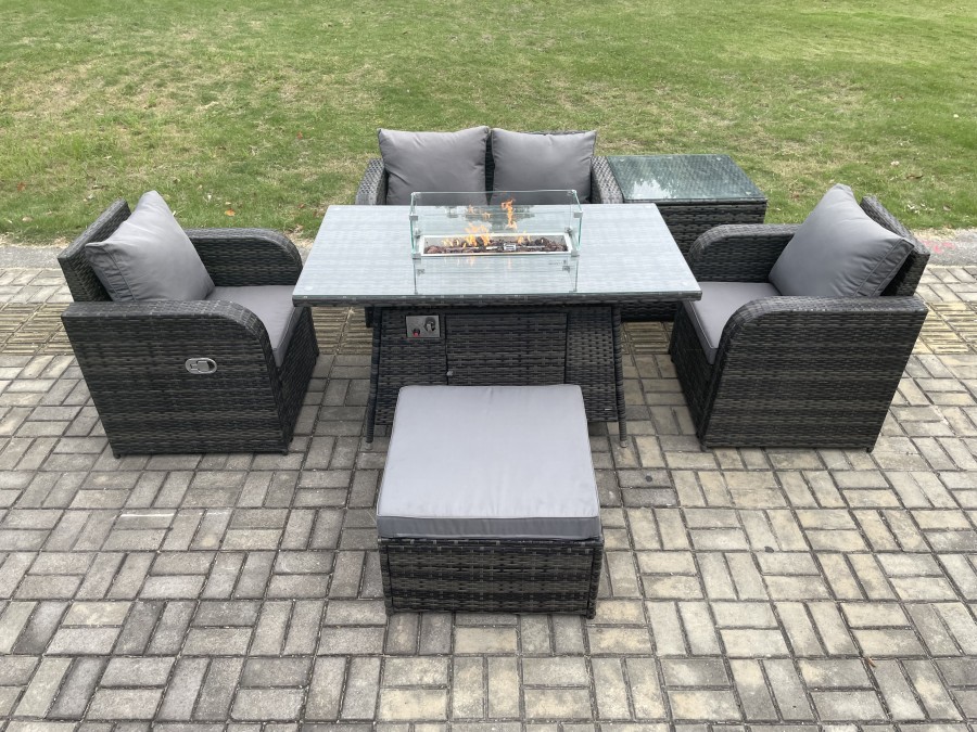 Click to view product details and reviews for Fimous Rattan Outdoor Garden Furniture Set Gas Fire Pit Dining Table With Side Table Chair Love Seat Sofa Footstool.