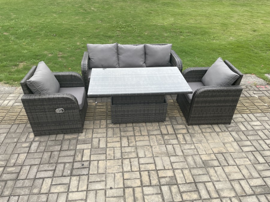 Click to view product details and reviews for Fimous Rattan Outdoor Garden Furniture Sets Height Adjustable Rising Lifting Dining Table Lounge Sofa Set With Reclining Chair Dark Grey Mixed.