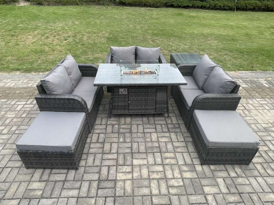 Click to view product details and reviews for Fimous Rattan Outdoor Garden Furniture Sofa Set Gas Fire Pit Dining Table Gas Heater With Side Table Love Sofa 2 Big Footstool Dark Grey Mixed.