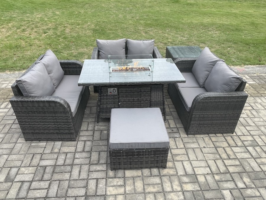 Click to view product details and reviews for Fimous Rattan Outdoor Garden Furniture Sofa Set Gas Fire Pit Dining Table Gas Heater With Side Table Love Sofa Big Footstool Dark Grey Mixed.