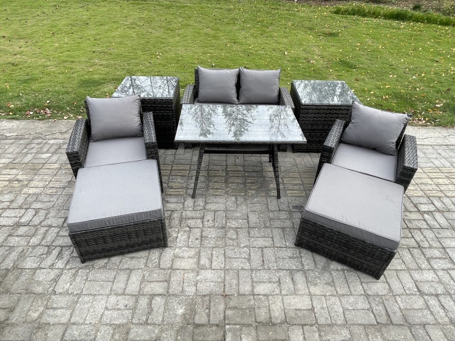 Click to view product details and reviews for Fimous Rattan Wicker Garden Furniture 6 Seater Patio Conservatory Sofa Set With Rectangular Dining Table Armchair 2 Seater Sofa 2 Big Footstool 2 Side.