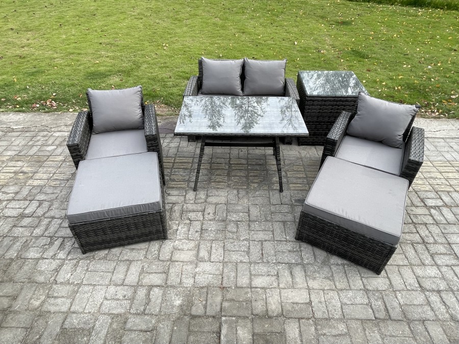 Click to view product details and reviews for Fimous Rattan Wicker Garden Furniture Patio Conservatory Sofa Set With Rectangular Dining Table Armchair 2 Seater Sofa 2 Big Footstool Side Table.