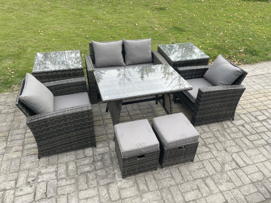 Click to view product details and reviews for Fimous Rattan Wicker Garden Furniture Patio Conservatory Sofa Set With Rectangular Dining Table Armchair 2 Seater Sofa 2 Small Footstools 2 Side Table.