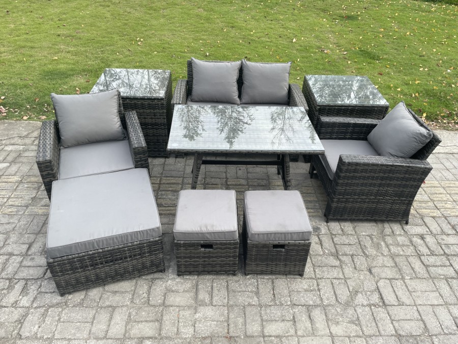 Click to view product details and reviews for Fimous Rattan Wicker Garden Furniture Patio Conservatory Sofa Set With Rectangular Dining Table Armchair 2 Seater Sofa 3 Footstools 2 Side Tables.
