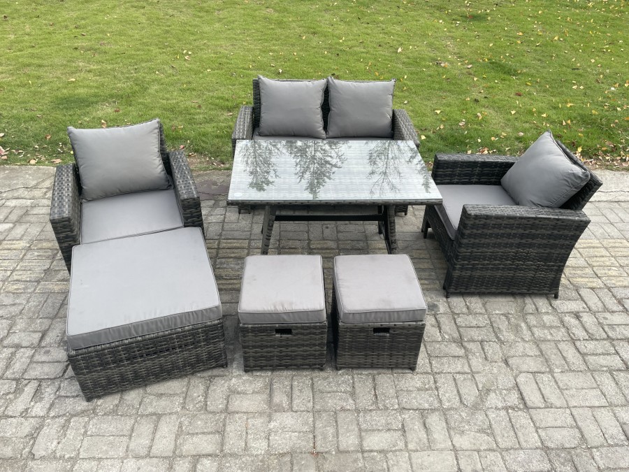 Click to view product details and reviews for Fimous Rattan Wicker Garden Furniture Patio Conservatory Sofa Set With Rectangular Dining Table Armchair 2 Seater Sofa 3 Footstools.
