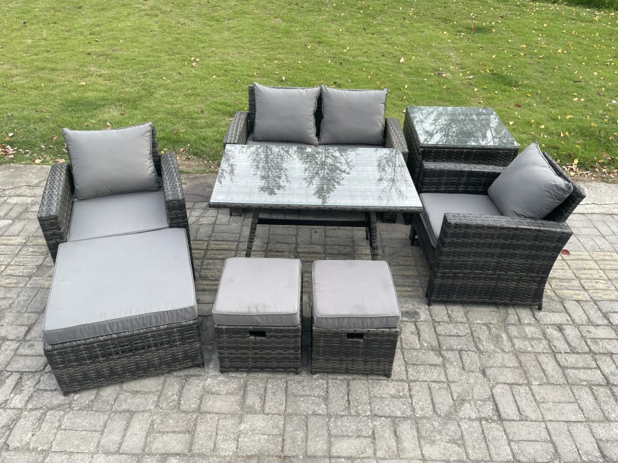 Click to view product details and reviews for Fimous Rattan Wicker Garden Furniture Patio Conservatory Sofa Set With Rectangular Dining Table Armchair 2 Seater Sofa 3 Footstools Side Table.