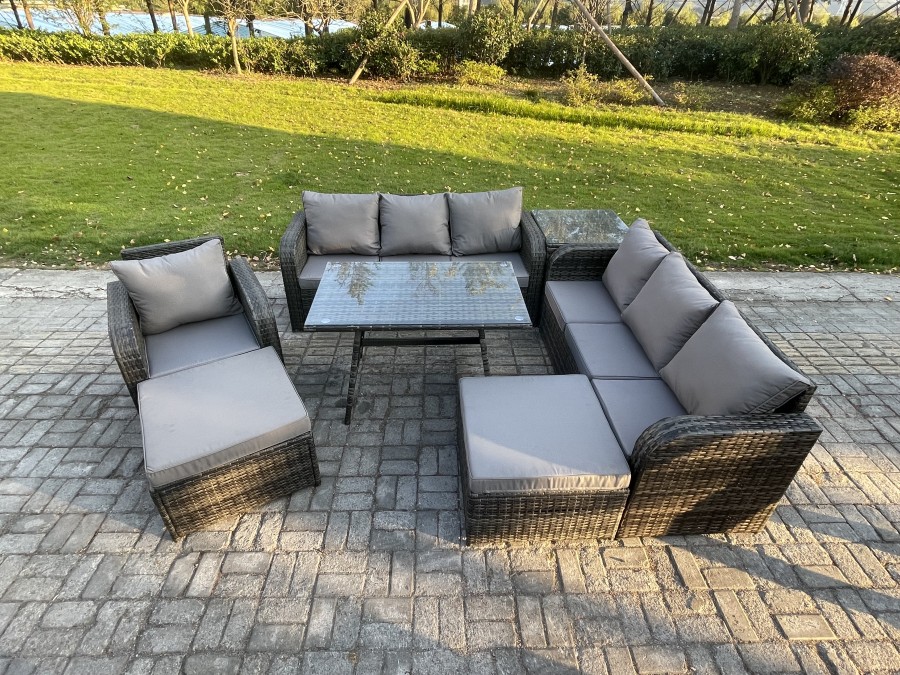 Click to view product details and reviews for Fimous Wicker 7 Pieces Rattan Garden Furniture Sofa Set With Rectangular Dining Table Armchair 2 Big Footstool Side Table Dark Grey Mixed.