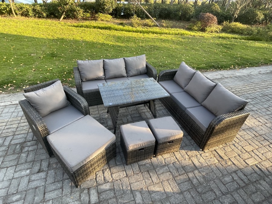 Click to view product details and reviews for Fimous Wicker 7 Pieces Rattan Garden Furniture Sofa Set With Rectangular Dining Table Armchair 3 Footstools Dark Grey Mixed.
