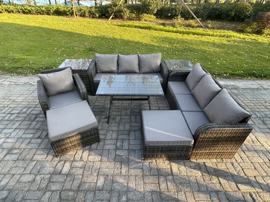 Click to view product details and reviews for Fimous Wicker 8 Pieces Rattan Garden Furniture Sofa Set With Rectangular Dining Table Armchair 2 Big Footstool 2 Side Table Dark Grey Mixed.