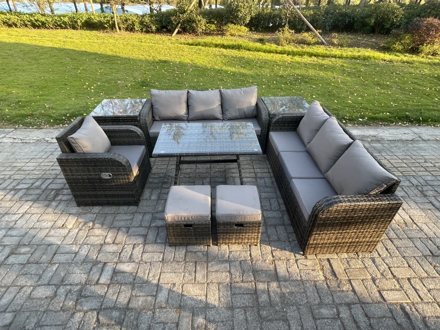 Click to view product details and reviews for Fimous Wicker 8 Pieces Rattan Garden Furniture Sofa Set With Rectangular Dining Table Armchair 2 Small Footstools 2 Side Tables Dark Grey Mixed.