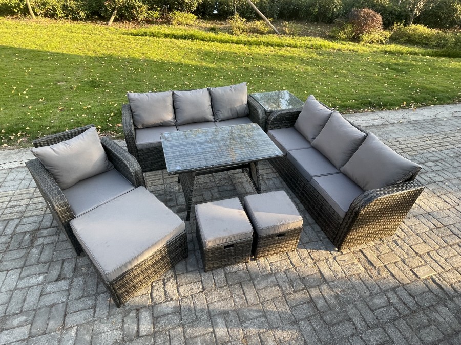 Click to view product details and reviews for Fimous Wicker 8 Pieces Rattan Garden Furniture Sofa Set With Rectangular Dining Table Armchair 3 Footstools Side Table Dark Grey Mixed.