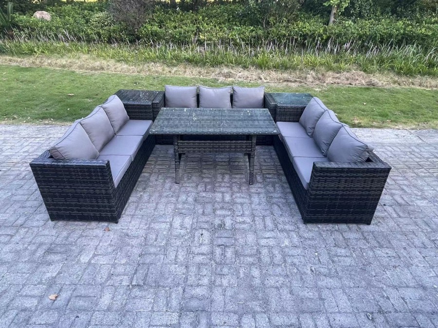 Click to view product details and reviews for Fimous Wicker Outdoor Garden Furniture Rattan Lounge Sofa Set Patio Rectangular Dining Table With 2 Side Table 9 Seater Dark Grey Mixed.
