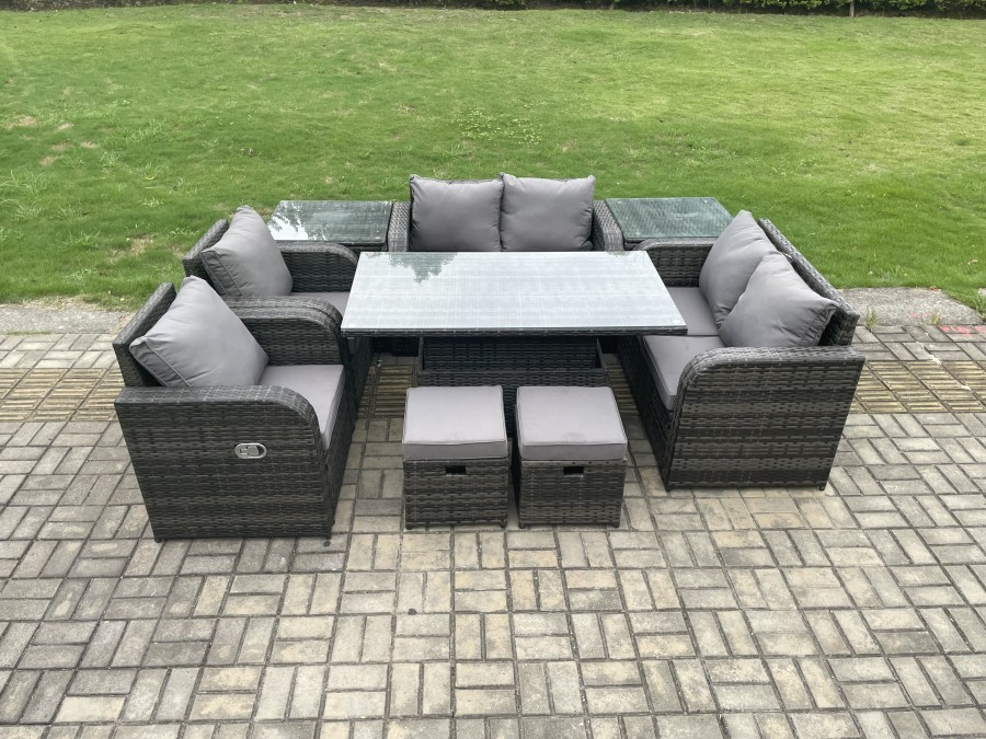 Click to view product details and reviews for Fimous Wicker Pe Rattan Furniture Garden Dining Set Outdoor Height Adjustable Rising Lifting Table Love Sofa Chair With 2 Side Table Stools.