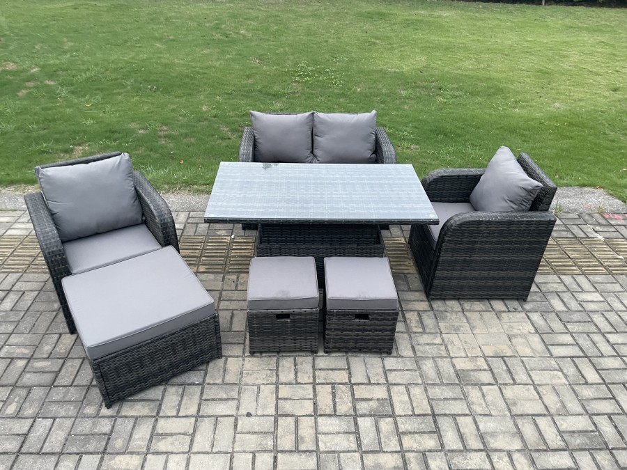 Click to view product details and reviews for Fimous Wicker Pe Rattan Furniture Garden Dining Set Outdoor Height Adjustable Rising Lifting Table Love Sofa Chair With 3 Stools.