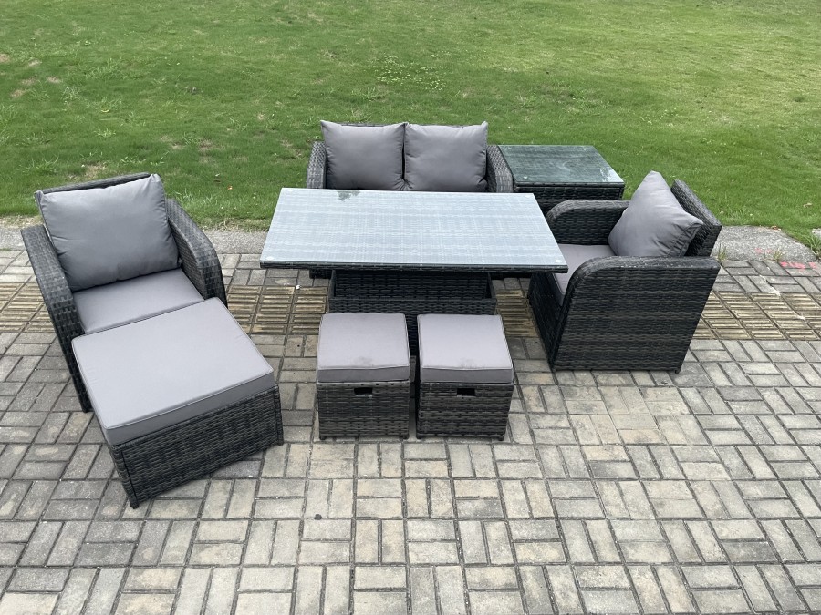 Click to view product details and reviews for Fimous Wicker Pe Rattan Furniture Garden Dining Set Outdoor Height Adjustable Rising Lifting Table Love Sofa Chair With Side Table 3 Stools.