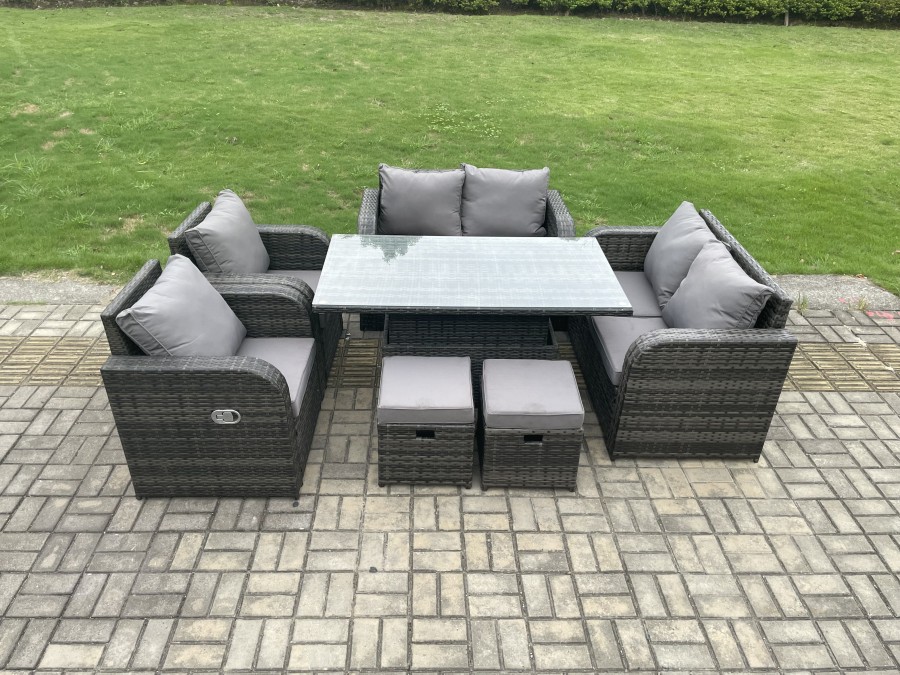 Click to view product details and reviews for Fimous Wicker Pe Rattan Furniture Garden Dining Set Outdoor Height Adjustable Rising Lifting Table Love Sofa Chairs With Footstools.