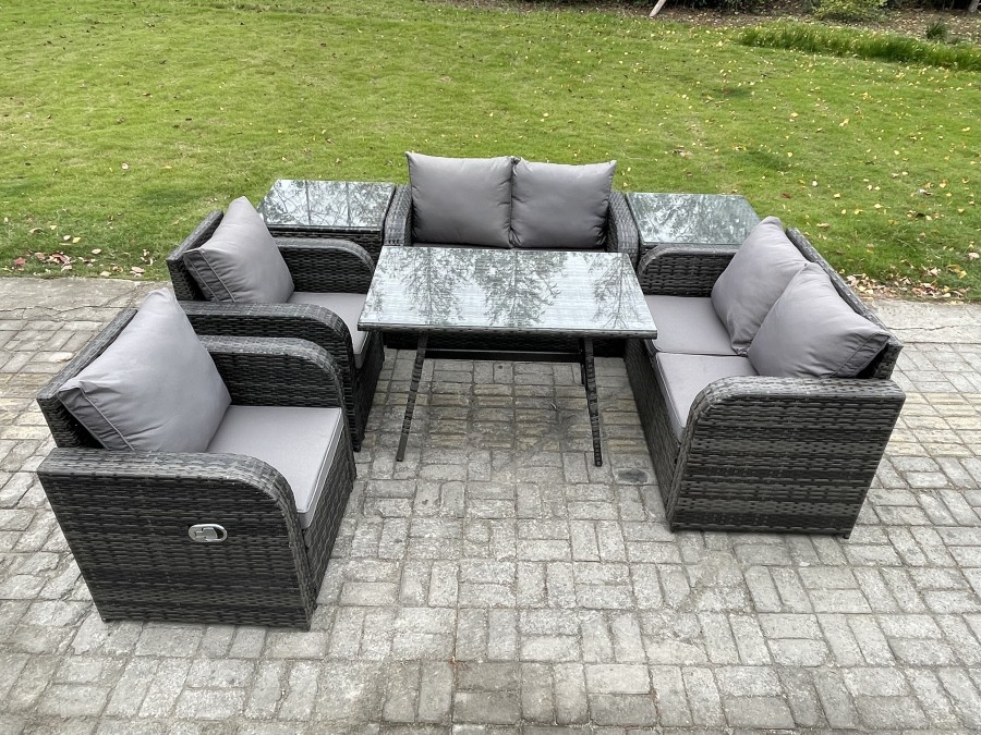 Click to view product details and reviews for Fimous Wicker Pe Rattan Garden Dining Set Outdoor Furniture Sofa With Rectangular Dining Table 2 Side Tables Dark Grey Mixed.