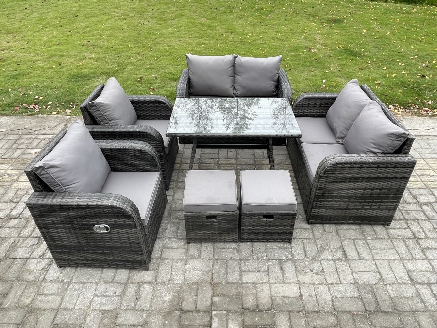 Click to view product details and reviews for Fimous Wicker Pe Rattan Garden Dining Set Outdoor Furniture Sofa With Rectangular Dining Table 2 Small Footstool Dark Grey Mixed.