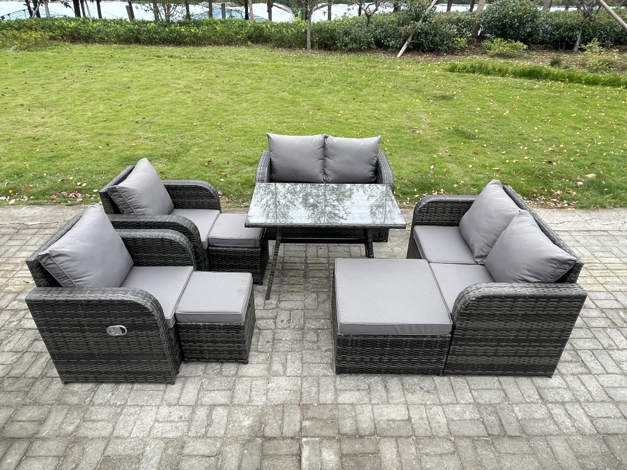 Click to view product details and reviews for Fimous Wicker Pe Rattan Garden Dining Set Outdoor Furniture Sofa With Rectangular Dining Table 3 Footstools Dark Grey Mixed.