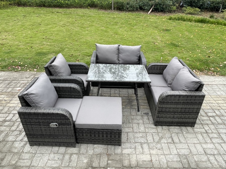 Click to view product details and reviews for Fimous Wicker Pe Rattan Garden Dining Set Outdoor Furniture Sofa With Rectangular Dining Table Big Footstool Dark Grey Mixed.