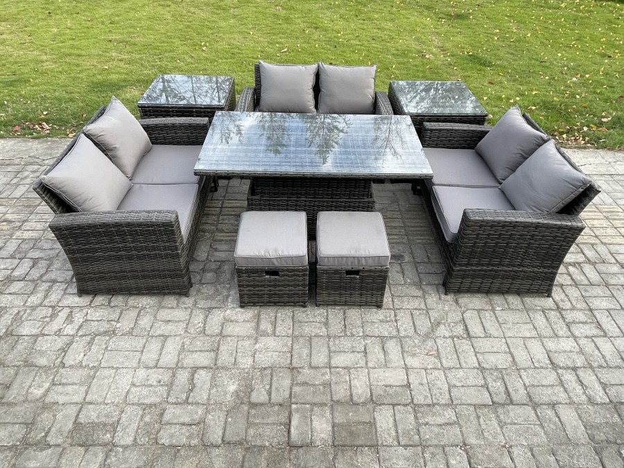 Click to view product details and reviews for Fimous Wicker Pe Rattan Garden Furniture Set Height Adjustable Rising Lifting Table Sofa Dining Set With Double Seat Sofa 2 Small Footstools 2 Side Ta.
