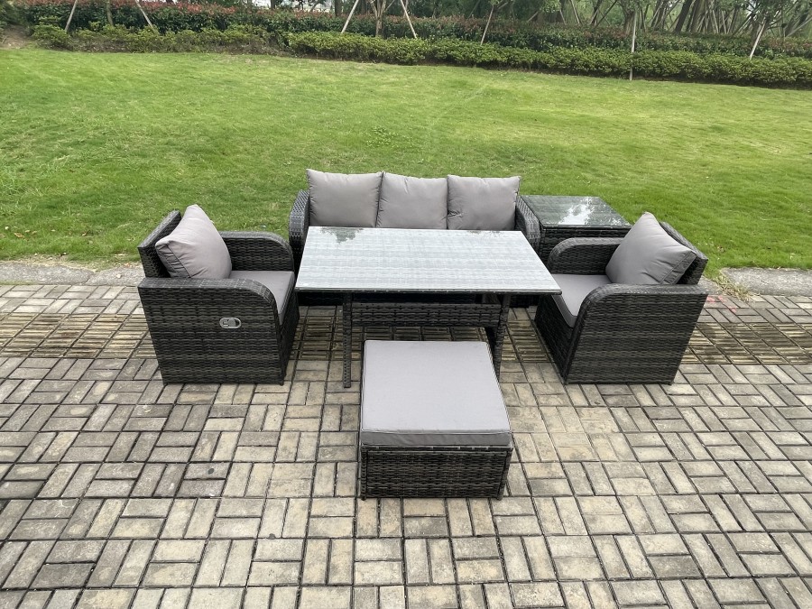 Click to view product details and reviews for Fimous Wicker Pe Rattan Garden Furniture Set Outdoor Rectangular Dining Table And Chair Sofa Set With Side Table Big Footstool Dark Grey Mixed.