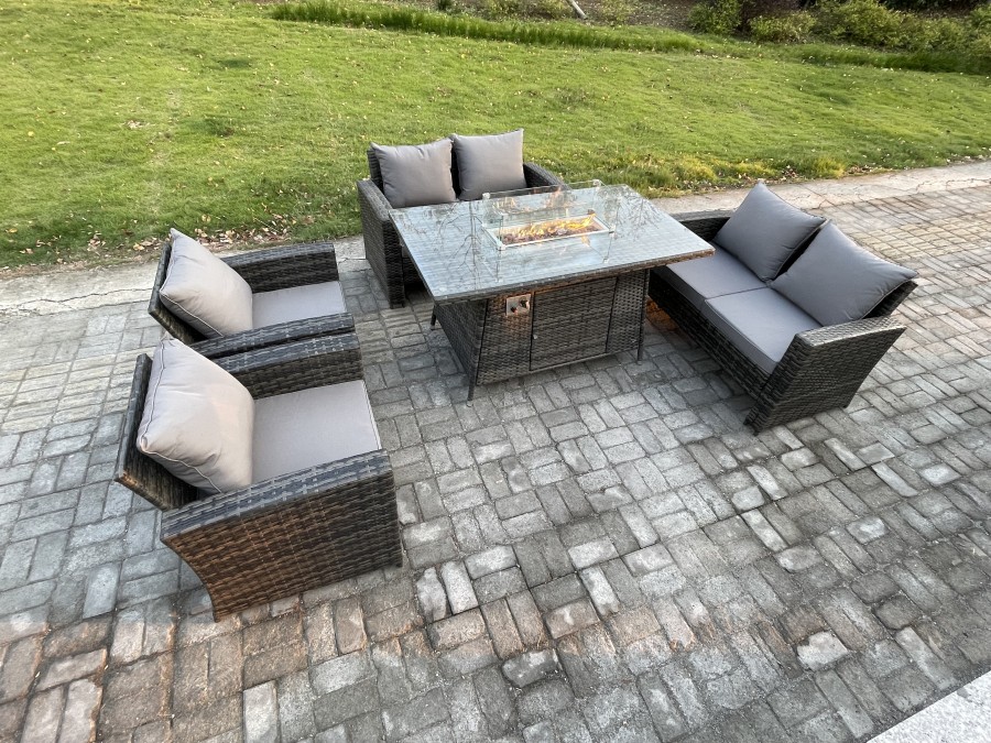 Click to view product details and reviews for Fimous Wicker Pe Rattan Garden Furniture Sets 6 Seater Patio Outdoor Gas Firepit Dining Table Heater Set With Double Seat Sofa Dark Grey Mixed.