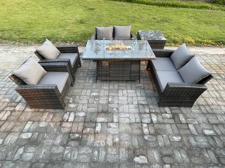Click to view product details and reviews for Fimous Wicker Pe Rattan Garden Furniture Sets 6 Seater Patio Outdoor Gas Firepit Dining Table Heater Set With Double Seat Sofa Side Table Dark Grey Mi.