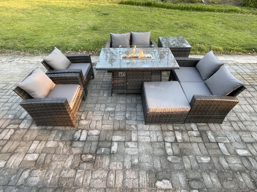 Click to view product details and reviews for Fimous Wicker Pe Rattan Garden Furniture Sets 7 Seater Patio Outdoor Gas Firepit Dining Table Heater Set With Double Seat Sofa Side Table Big Footstoo.