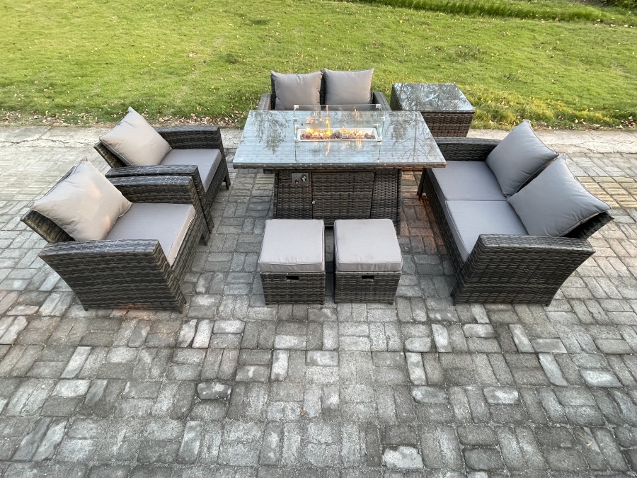 Click to view product details and reviews for Fimous Wicker Pe Rattan Garden Furniture Sets 8 Seater Patio Outdoor Gas Firepit Dining Table Heater Set With Double Seat Sofa Side Table 2 Small Foot.