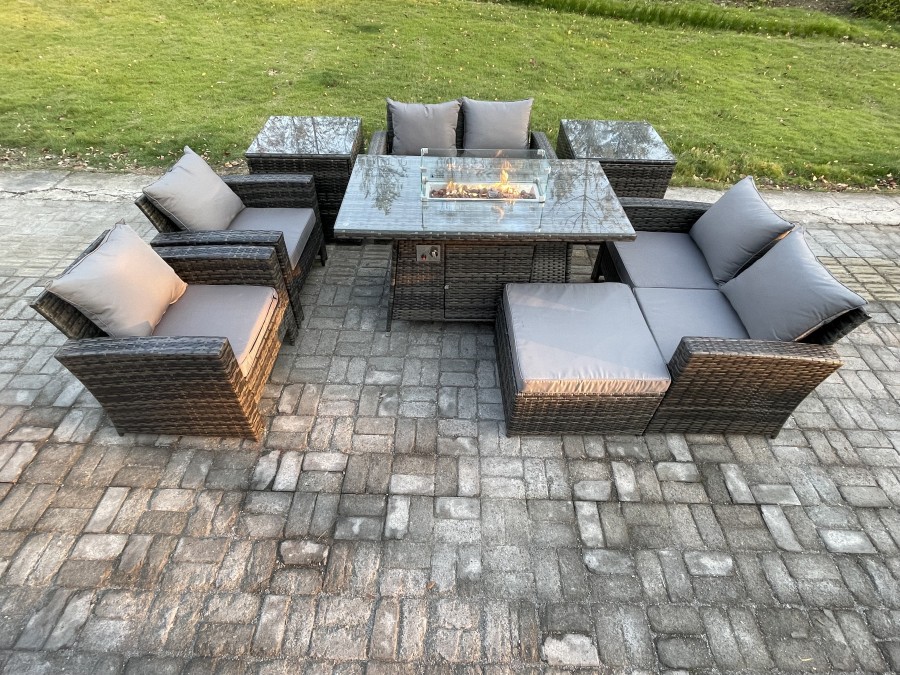 Click to view product details and reviews for Fimous Wicker Pe Rattan Garden Furniture Sets Patio Outdoor Gas Firepit Dining Table Heater Set With Double Seat Sofa 2 Side Tables Big Footstool Dark.