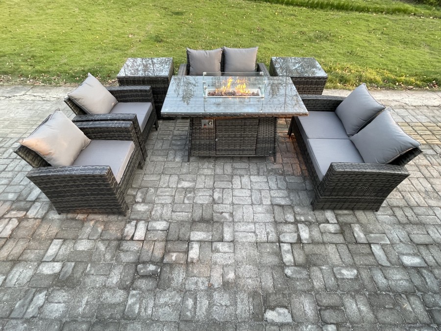 Click to view product details and reviews for Fimous Wicker Pe Rattan Garden Furniture Sets Patio Outdoor Gas Firepit Dining Table Heater Set With Double Seat Sofa 2 Side Tables Dark Grey Mixed.