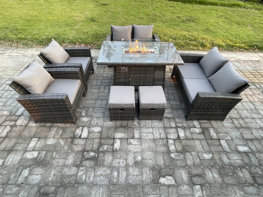 Click to view product details and reviews for Fimous Wicker Pe Rattan Garden Furniture Sets Patio Outdoor Gas Firepit Dining Table Heater Set With Double Seat Sofa 2 Small Footstools Dark Grey Mix.