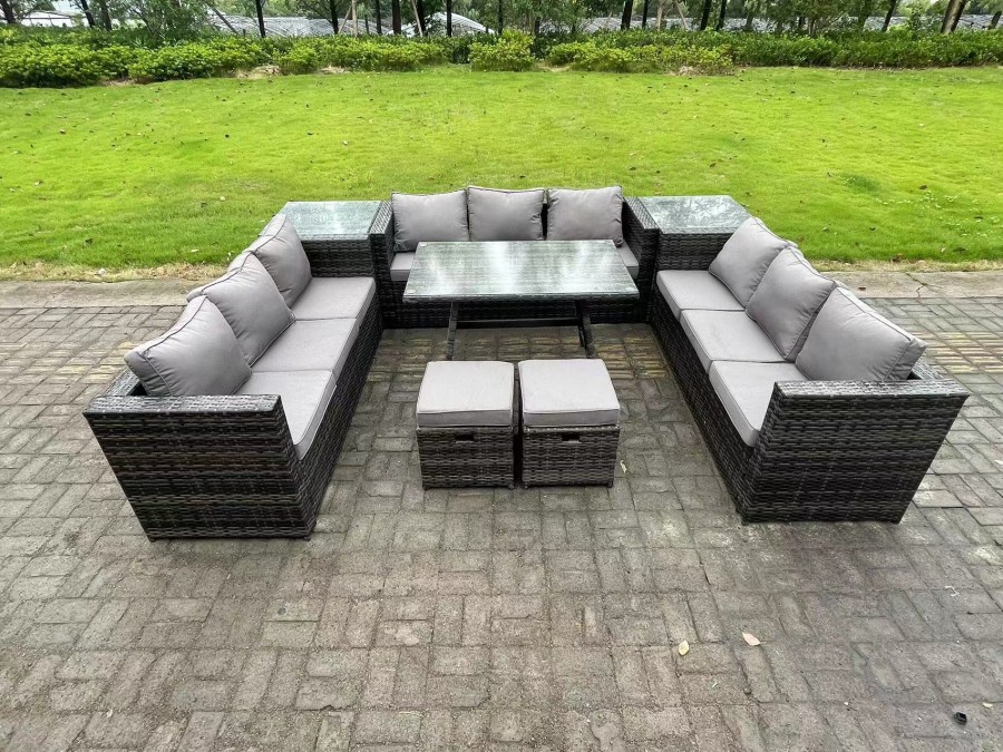 Fimous Wicker Pe Rattan Outdoor Furniture Lounge Sofa Garden Dining Set With Dining Table 2 Side Tables 2 Small Footstools Dark Grey Mixed
