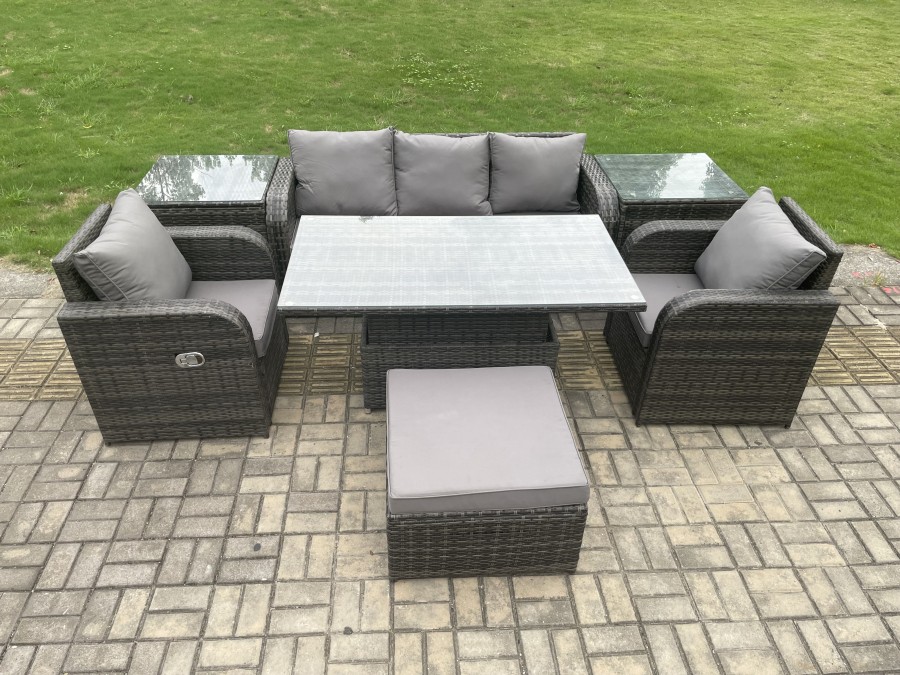 Click to view product details and reviews for Fimous Wicker Pe Rattan Outdoor Garden Furniture Set Height Adjustable Rising Lifting Dining Table With Armchair 2 Side Tables Footstool.