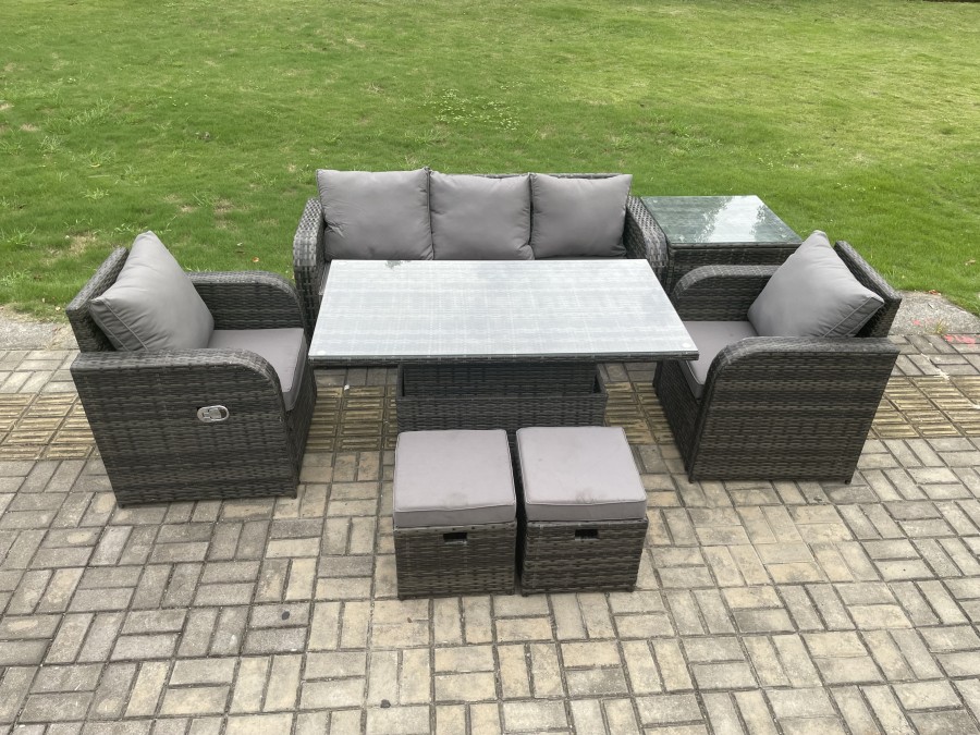 Click to view product details and reviews for Fimous Wicker Pe Rattan Outdoor Garden Furniture Set Height Adjustable Rising Lifting Dining Table With Armchair Side Table 2 Small Footstools.