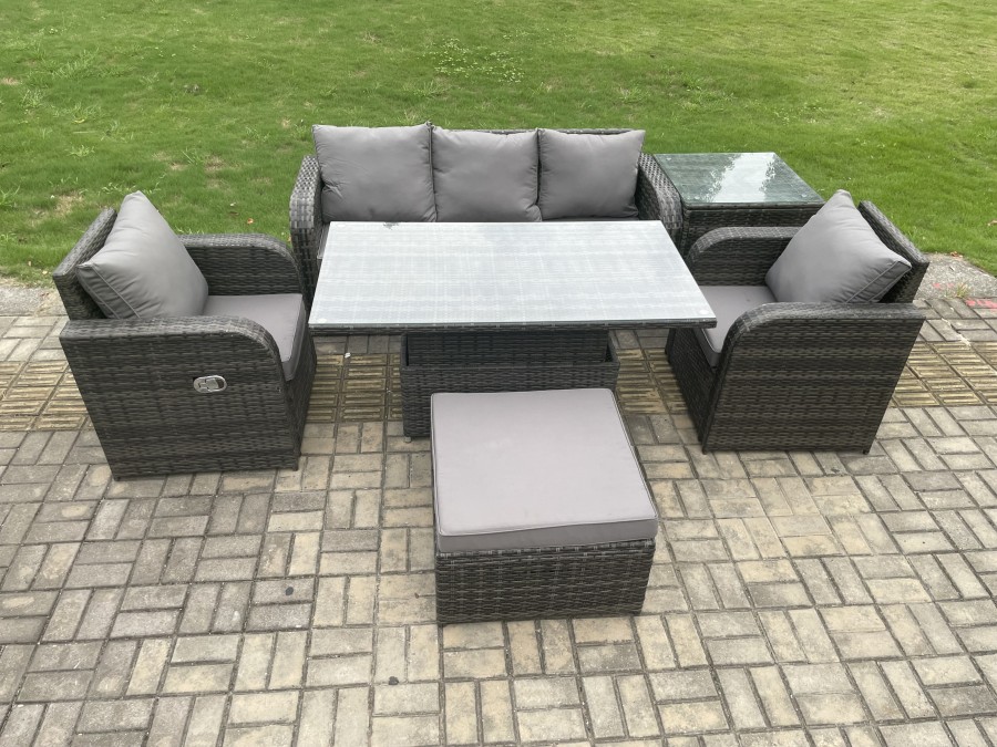 Click to view product details and reviews for Fimous Wicker Pe Rattan Outdoor Garden Furniture Set Height Adjustable Rising Lifting Dining Table With Armchair Side Table Footstool.
