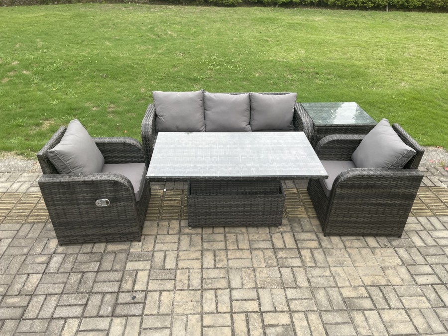 Click to view product details and reviews for Fimous Wicker Pe Rattan Outdoor Garden Furniture Set Height Adjustable Rising Lifting Dining Table With Armchair Side Table.